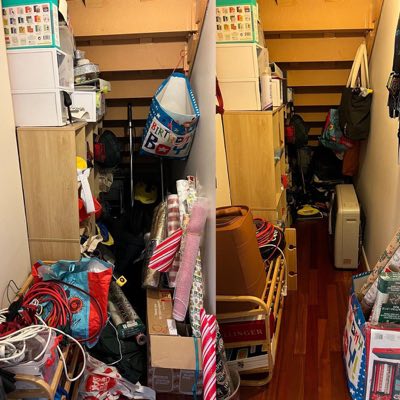 Decluttered cupboard, before and after