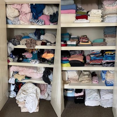 Decluttered cupboard, before and after